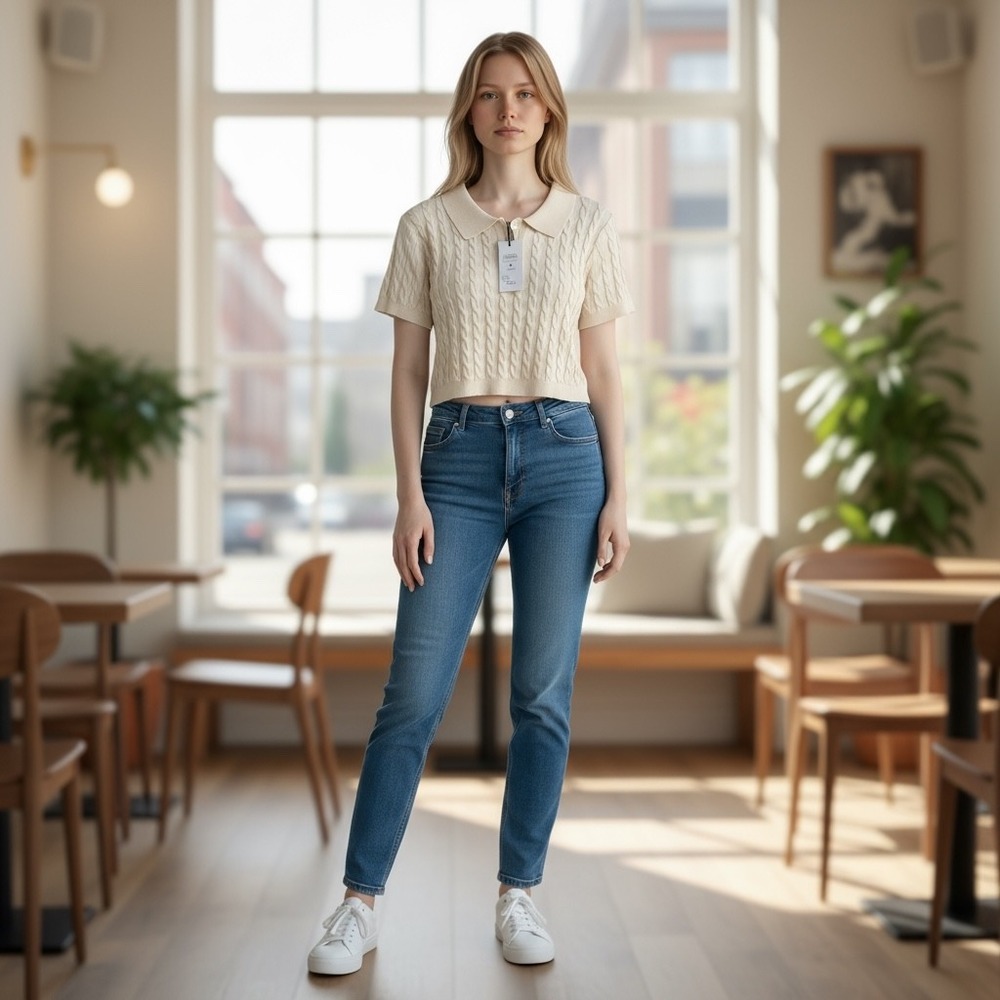 CIDER Ivory Cable Knit Cropped Polo Shirt Short Sleeve Trendy‎ Top Women's